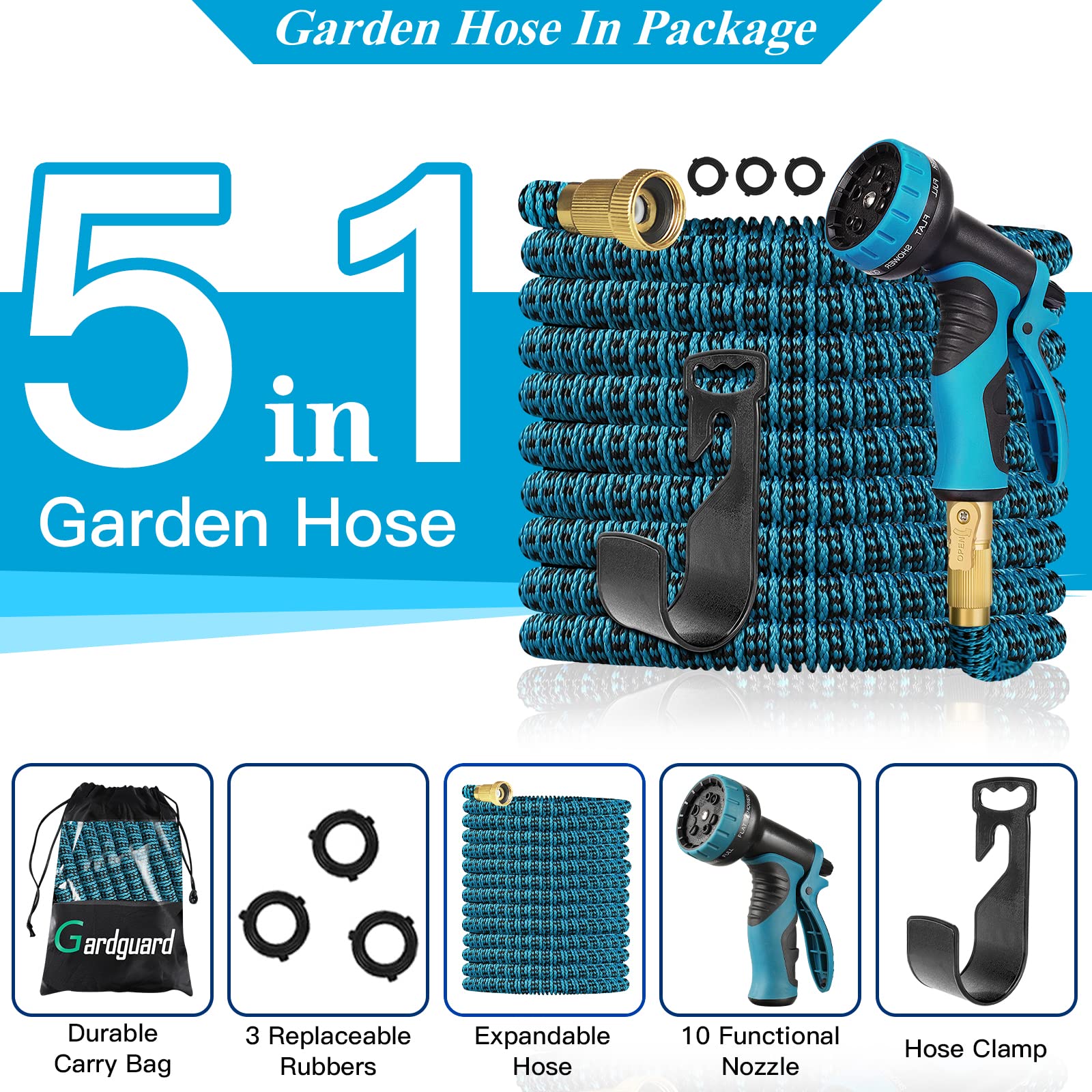 Juvoery 50FT Flexible Garden Hose - Water Garden Hose with 10 Function Nozzle, Lightweight Anti-kink Design for Outdoor Use, 3-Layer Latex and 3/4 Inch Solid Fittings (Blue)