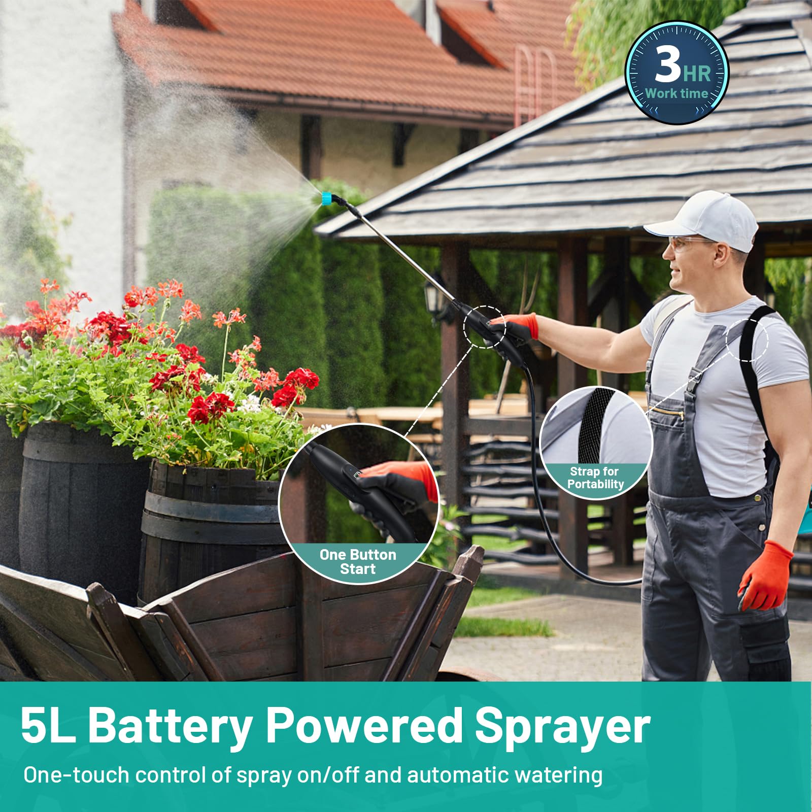 Battery Powered Garden Sprayer with 3 Mist Nozzles, 1.35 Gallon Lawn Electric Sprayer with Telescopic Wand and Rechargeable Handle, Portable Electric Battery Sprayer with Shoulder Strap for Gardening