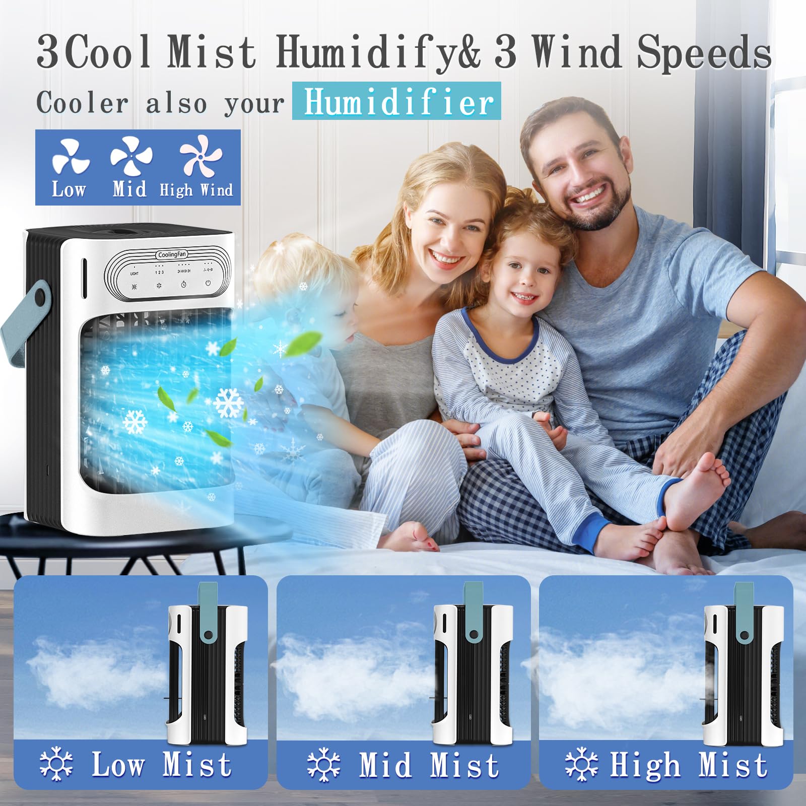 charmega Portable Air Conditioners,Portable AC 3in1 Mini Air Conditioner 900ML Evaporative Air Cooler with 3 Cool Mist,3 Wind Speed,7 LED Lights,2-8H Timer AC Portable for Room,Office,Bedroom