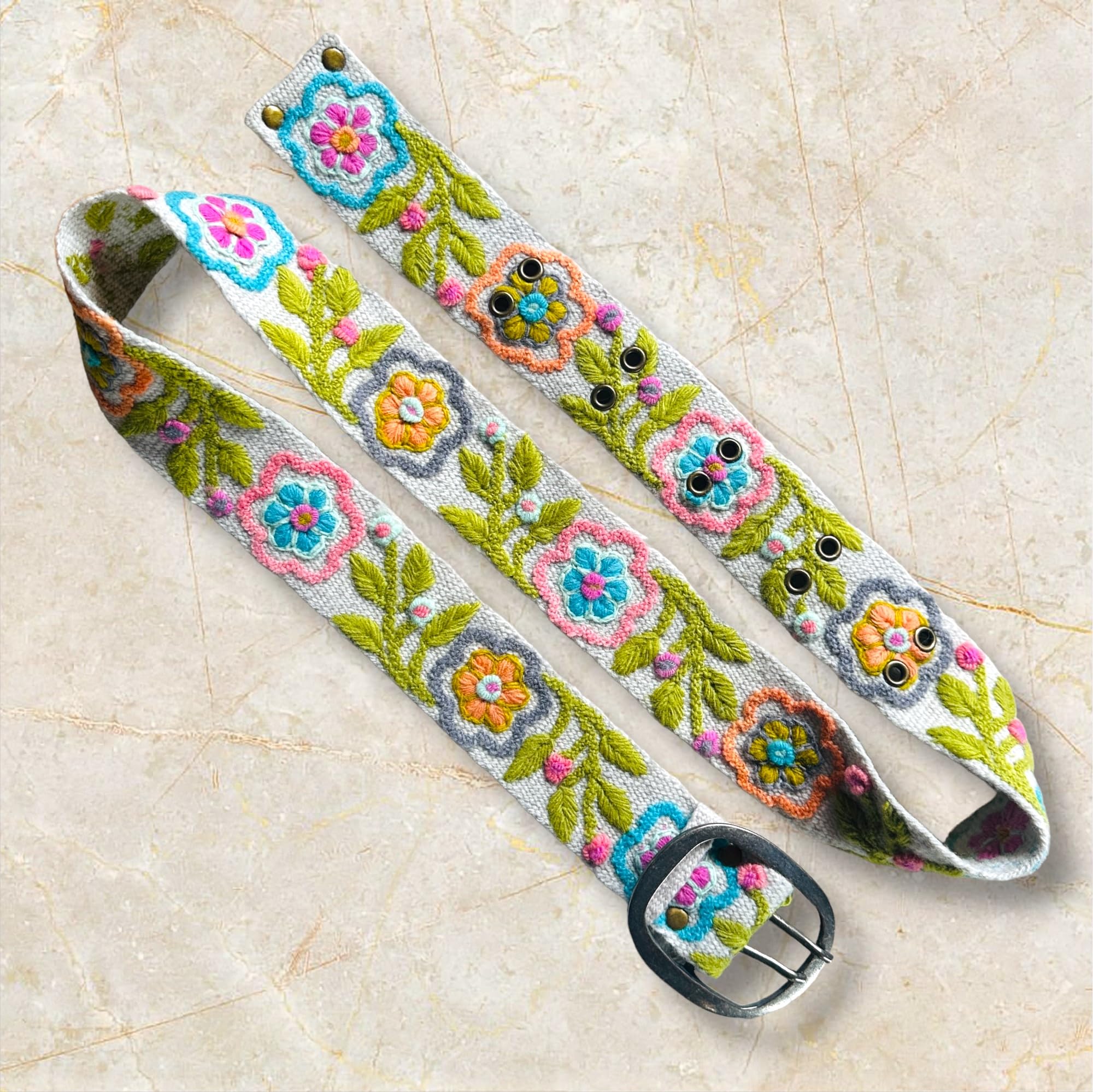 Kuyay Peruvian Designs Blossom Delight Embroidered Wool Belt, Flower Design, (Medium 41")