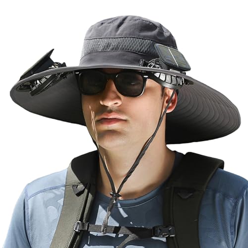 Kuniloda Sombrero Con Ventilador Solar, Wide Brim Solar Fan Hat, Hat with Solar Fan, Breathable, 3-Speed, Usb Charging (Dark gray,One Size)