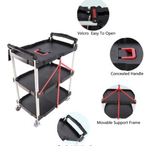 3 Tier Folding Rolling Utility Cart with Wheels, Multi-Functional Plastic Restaurant Cart, Portable Collapsible Utility Service Cart for Home, Warehouse