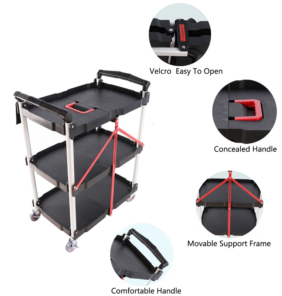 3 Tier Folding Rolling Utility Cart with Wheels, Multi-Functional Plastic Restaurant Cart, Portable Collapsible Utility Service Cart for Home, Warehouse