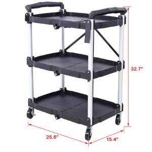 3 Tier Portable Folding Utility Rolling Tool Cart, Foldable Service Carts with Wheels, 3 Shelf Collapsible Cart with 150LBS Capacity for Office/Warehouse/Home