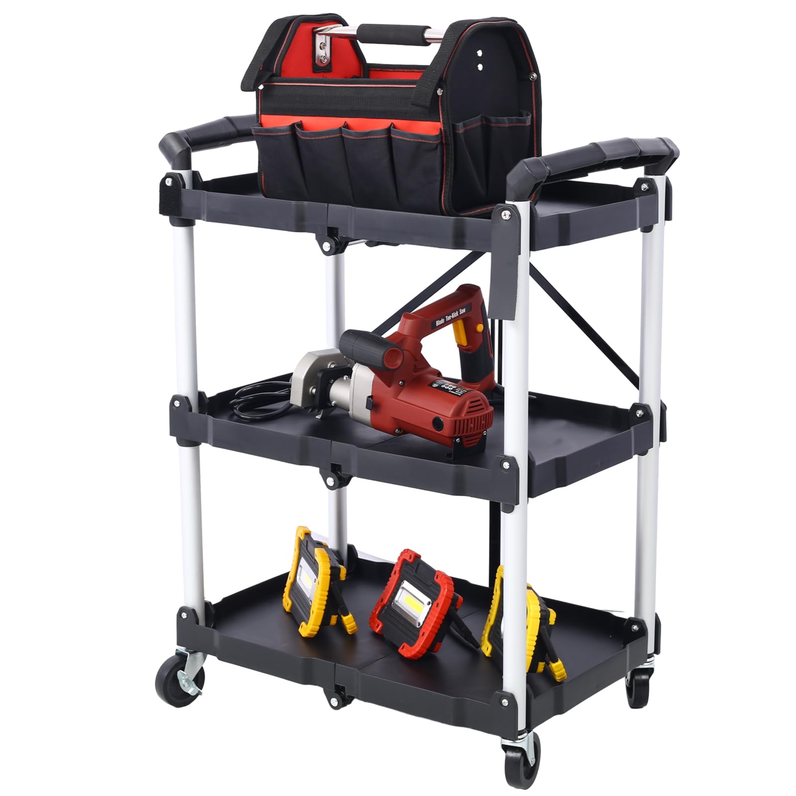 3 Tier Portable Folding Utility Rolling Tool Cart, Foldable Service Carts with Wheels, 3 Shelf Collapsible Cart with 150LBS Capacity for Office/Warehouse/Home