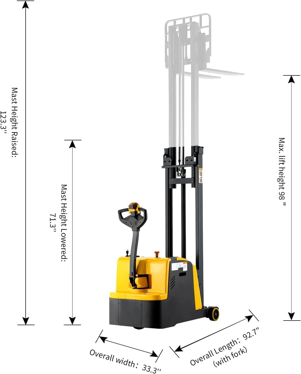 Apollo Counterbalanced Stacker Full Electric Lift 2200 Lbs Capacity 98" Lifting Height Material Hydraulic Lifter, Adjustable Forks with Tilt Function