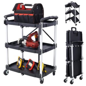 3 tier portable folding utility rolling tool cart, foldable service carts with wheels, 3 shelf collapsible cart with 150lbs capacity for office/warehouse/home