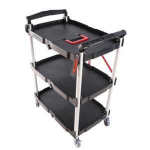 3 Tier Folding Rolling Utility Cart with Wheels, Multi-Functional Plastic Restaurant Cart, Portable Collapsible Utility Service Cart for Home, Warehouse