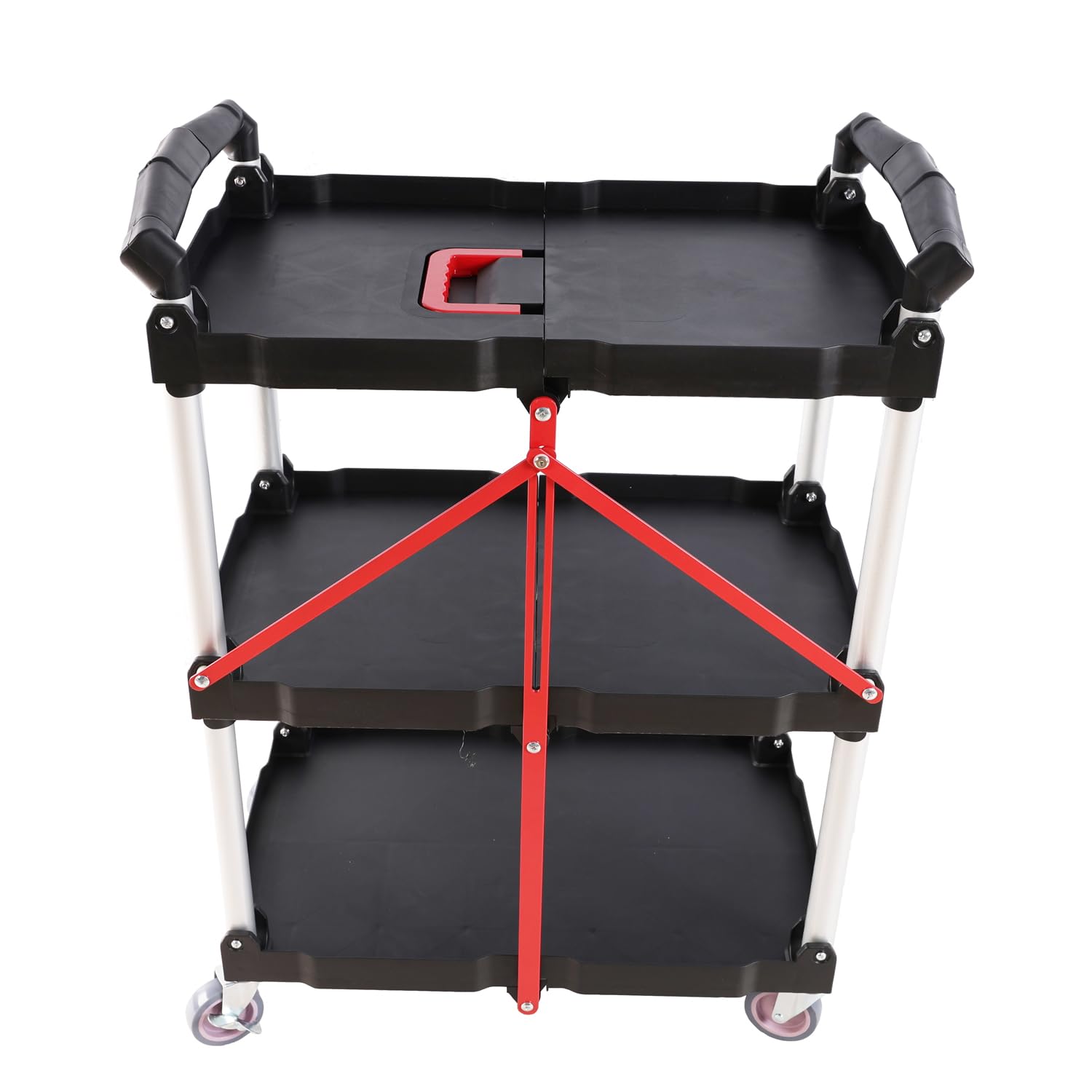 3 Tier Folding Rolling Utility Cart with Wheels, Multi-Functional Plastic Restaurant Cart, Portable Collapsible Utility Service Cart for Home, Warehouse