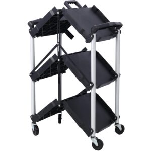 3 Tier Portable Folding Utility Rolling Tool Cart, Foldable Service Carts with Wheels, 3 Shelf Collapsible Cart with 150LBS Capacity for Office/Warehouse/Home