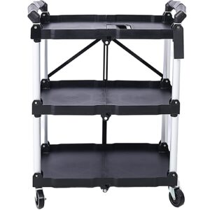 3 Tier Portable Folding Utility Rolling Tool Cart, Foldable Service Carts with Wheels, 3 Shelf Collapsible Cart with 150LBS Capacity for Office/Warehouse/Home