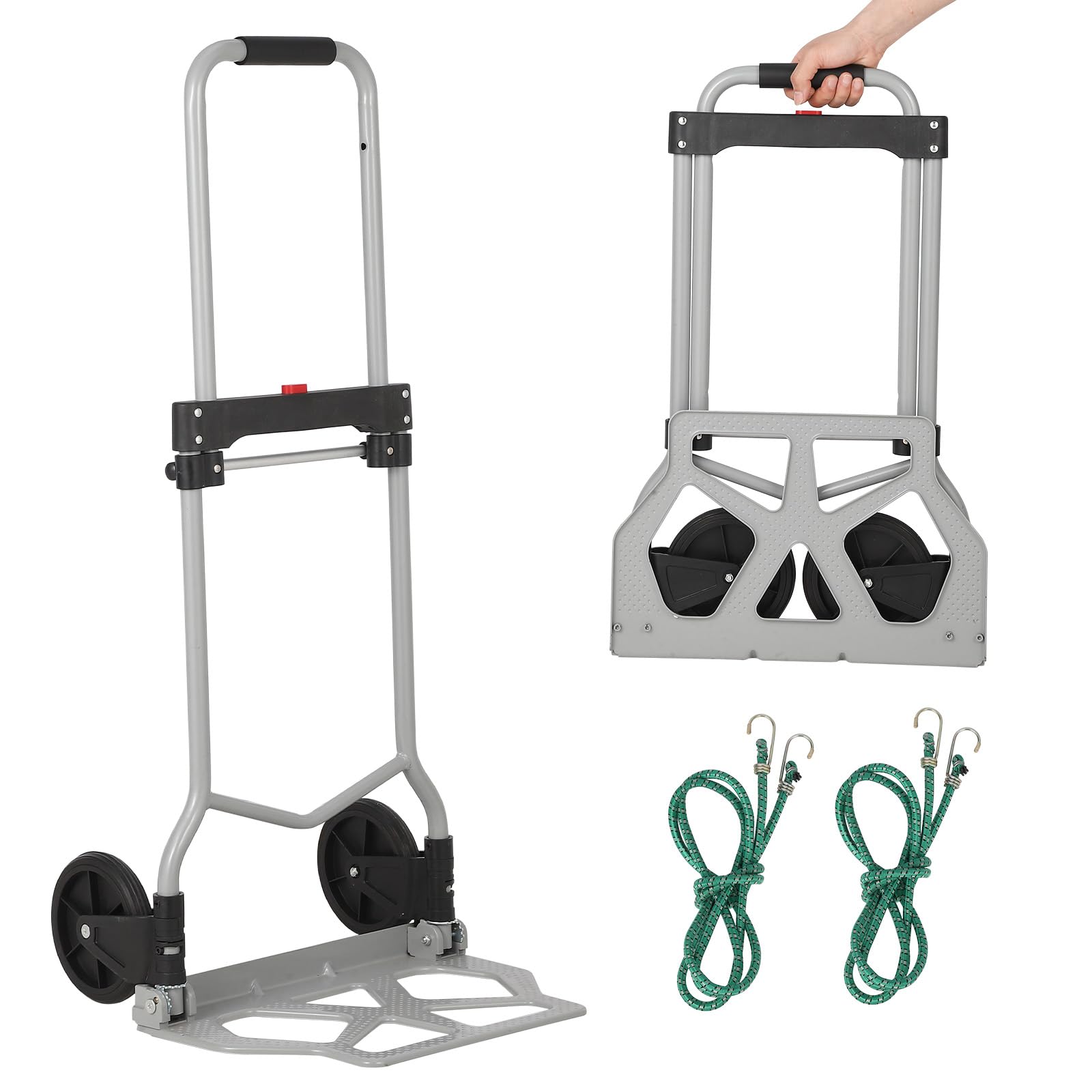 Folding Hand Truck Portable Foldable Dolly Cart, Lightweight Portable Folding Dolly Cart, 180lbs Capacity, with Bungee Cord, Silent Wheels, Telescoping Handle, Dual Bearings