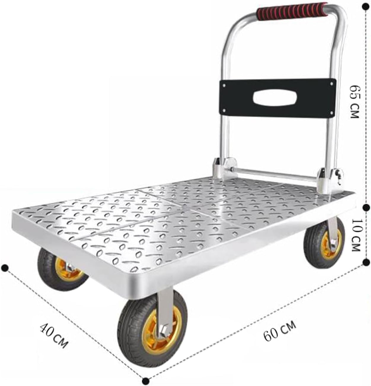 Heavy Duty Platform Trolley with Rubber Mats and TPR Rubber Wheels, Steel Dolly with 150kg Capacity, Folding Hand Truck with 60x40cm Flatbed