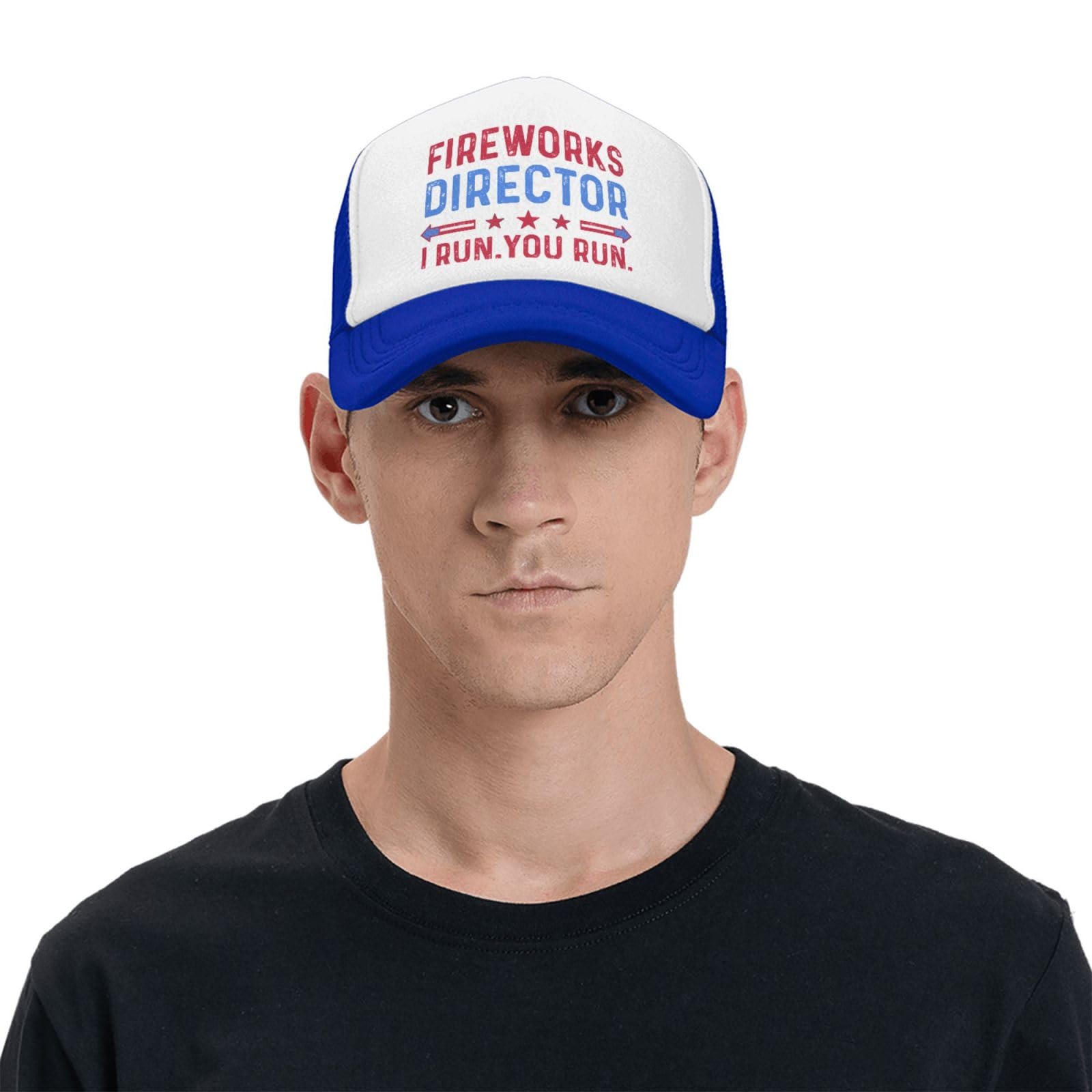 BEIXBE Fireworks Director I Run You Run Trucker Hat for Men Baseball Caps with Design Hat Blue