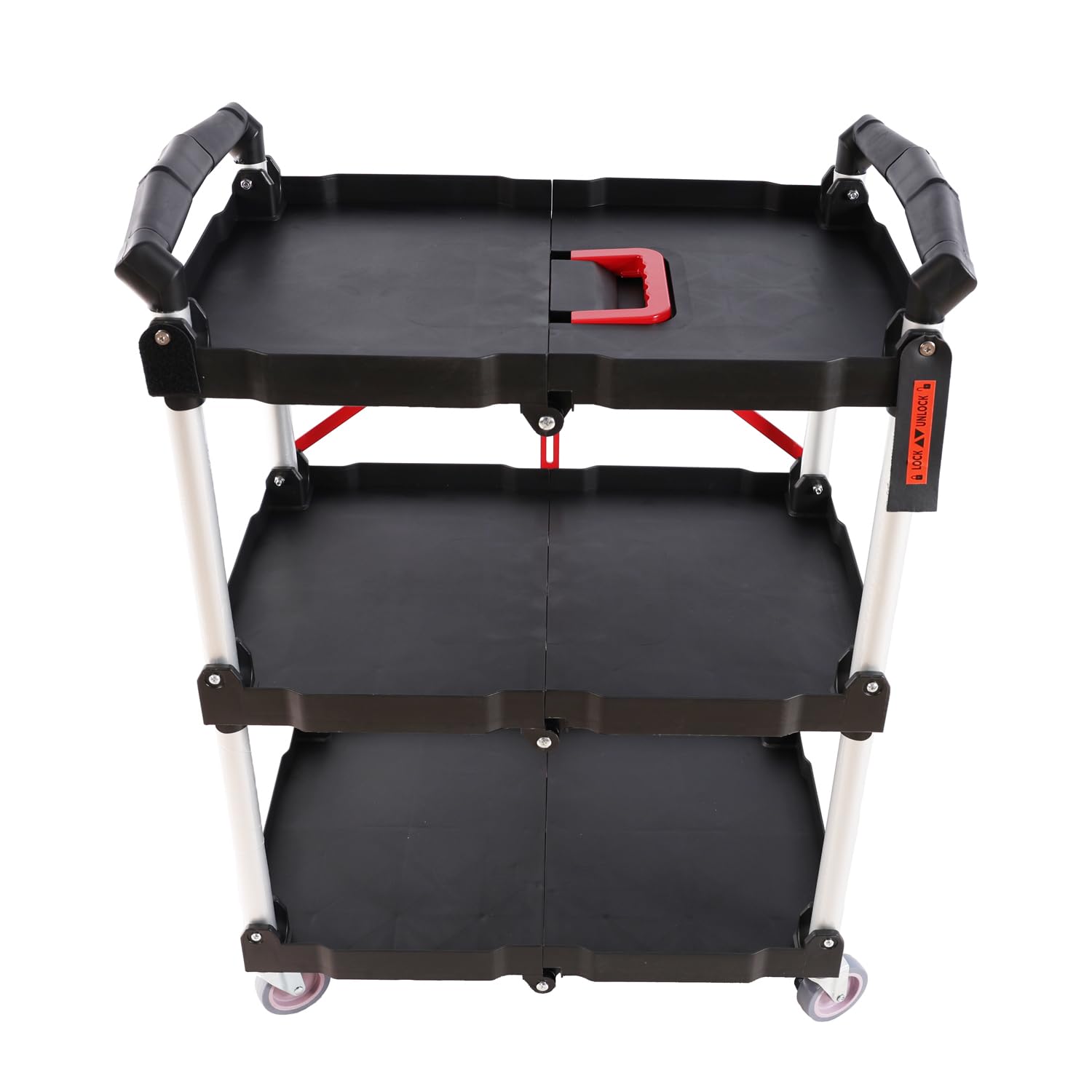 3 Tier Folding Rolling Utility Cart with Wheels, Multi-Functional Plastic Restaurant Cart, Portable Collapsible Utility Service Cart for Home, Warehouse