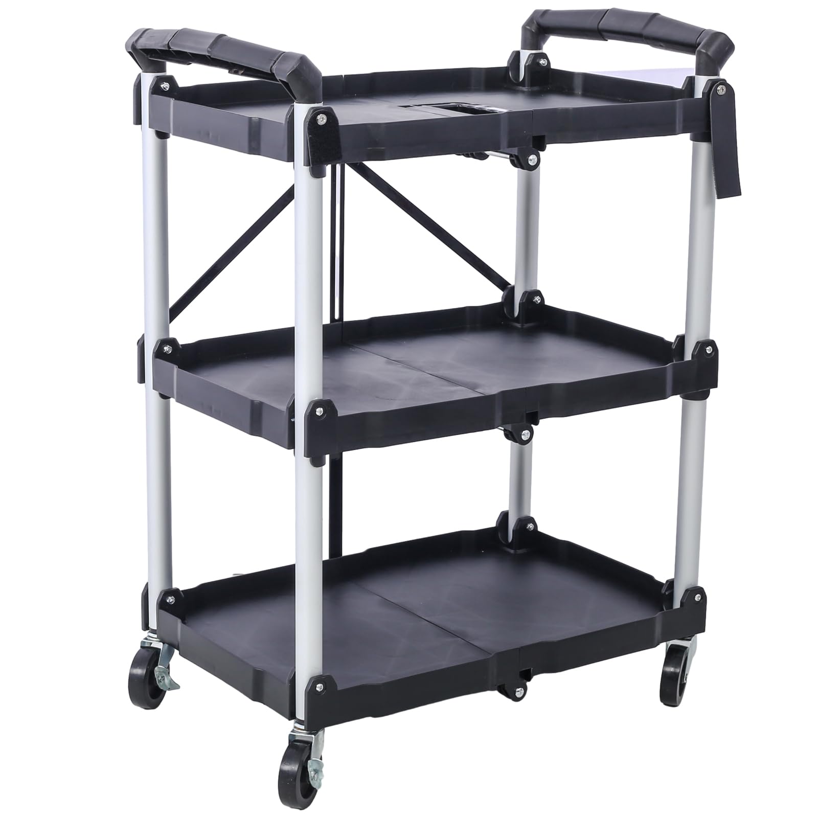 3 Tier Portable Folding Utility Rolling Tool Cart, Foldable Service Carts with Wheels, 3 Shelf Collapsible Cart with 150LBS Capacity for Office/Warehouse/Home