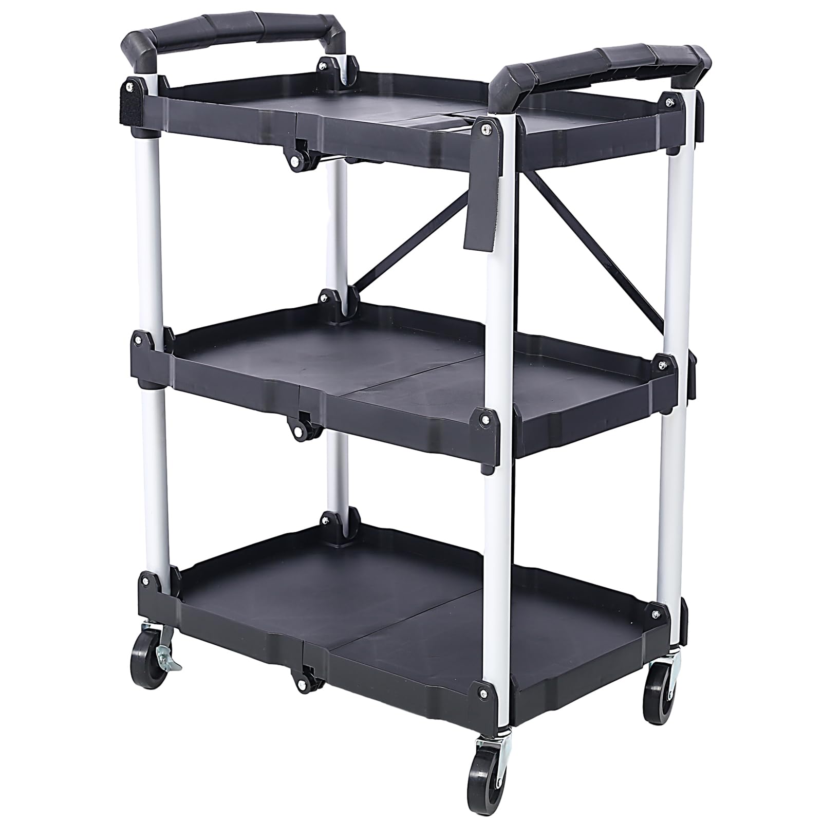 3 Tier Portable Folding Utility Rolling Tool Cart, Foldable Service Carts with Wheels, 3 Shelf Collapsible Cart with 150LBS Capacity for Office/Warehouse/Home