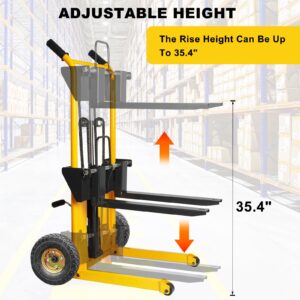 VisHomeYard Material Lift Winch Stacker, Pallet Truck Trolley, Lift Table, Forklift, 440 lbs, 35.4“ Max Lift, Wheel casters