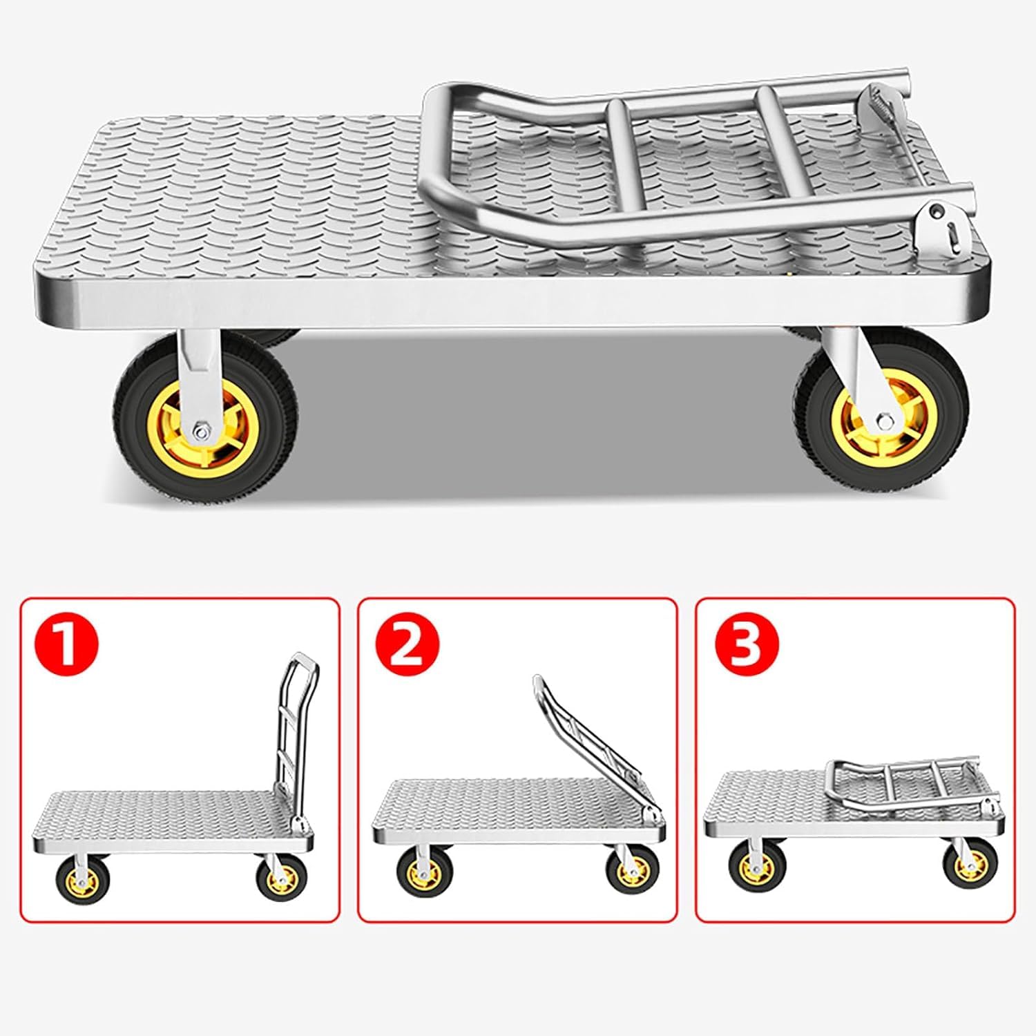 Platform Truck Heavy Platform Truck with 4 Wheels Folding Push Cart Stainless Moving Dolly Cart Load 150kg Flatbed Cart Light Flat Bed Wagon Reliable