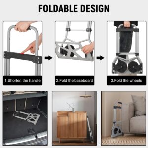 Folding Hand Truck Portable Foldable Dolly Cart, Lightweight Portable Folding Dolly Cart, 180lbs Capacity, with Bungee Cord, Silent Wheels, Telescoping Handle, Dual Bearings