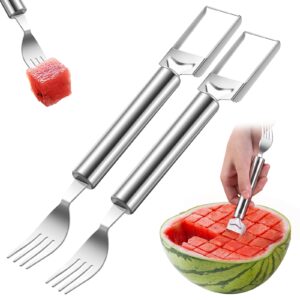 generic 2pcs 2-in-1 watermelon fork, watermelon slicer cutter, stainless steel fruit cutter carving tool for home party family camping, portable watermelon fork slicer tool fruit forks slicer, silver