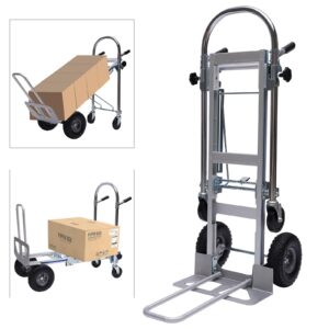 Eleeferri Industrial Aluminum Folding Hand Truck 3-in-1 700lbs Capacity Convertible Hand Truck Dolly Cart with Wheels for Home Warehouse Factory, Silver