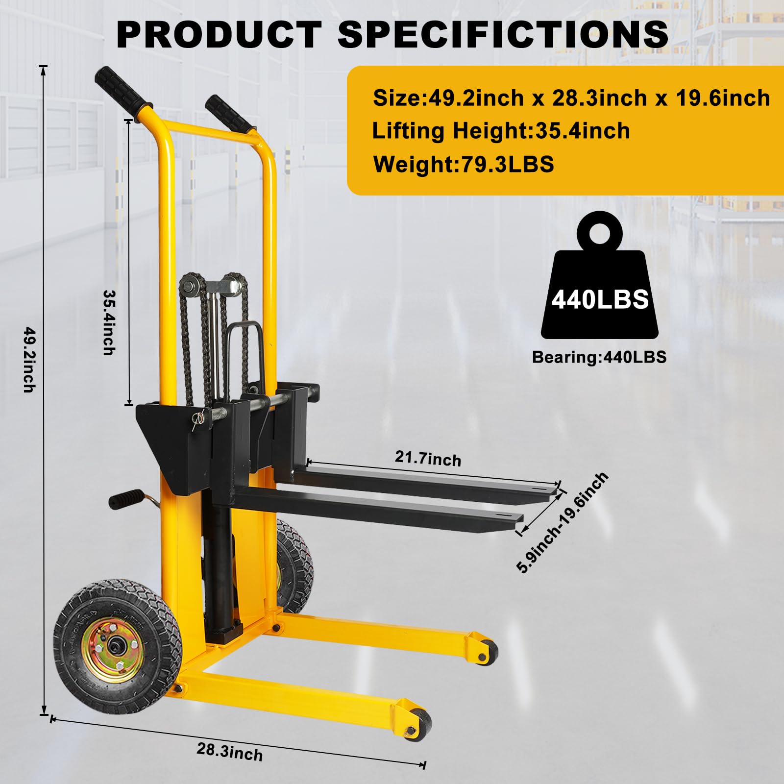 VisHomeYard Material Lift Winch Stacker, Pallet Truck Trolley, Lift Table, Forklift, 440 lbs, 35.4“ Max Lift, Wheel casters