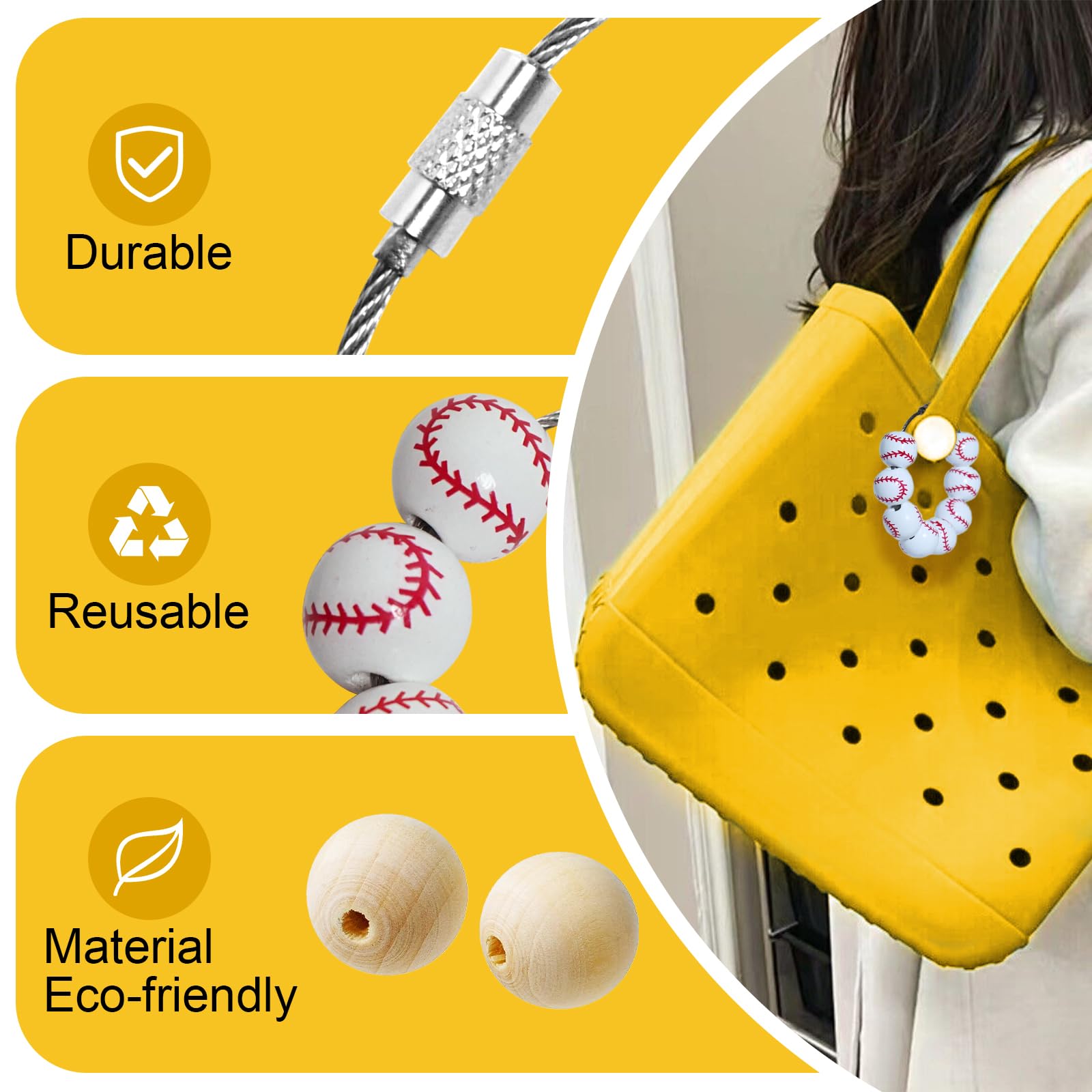 Sports Charms for Bogg Bag, Cute Wooden Beads Accessories Charm for Bogg Bag, Simply Southern Beach Tote Crocs Bag (Baseball)