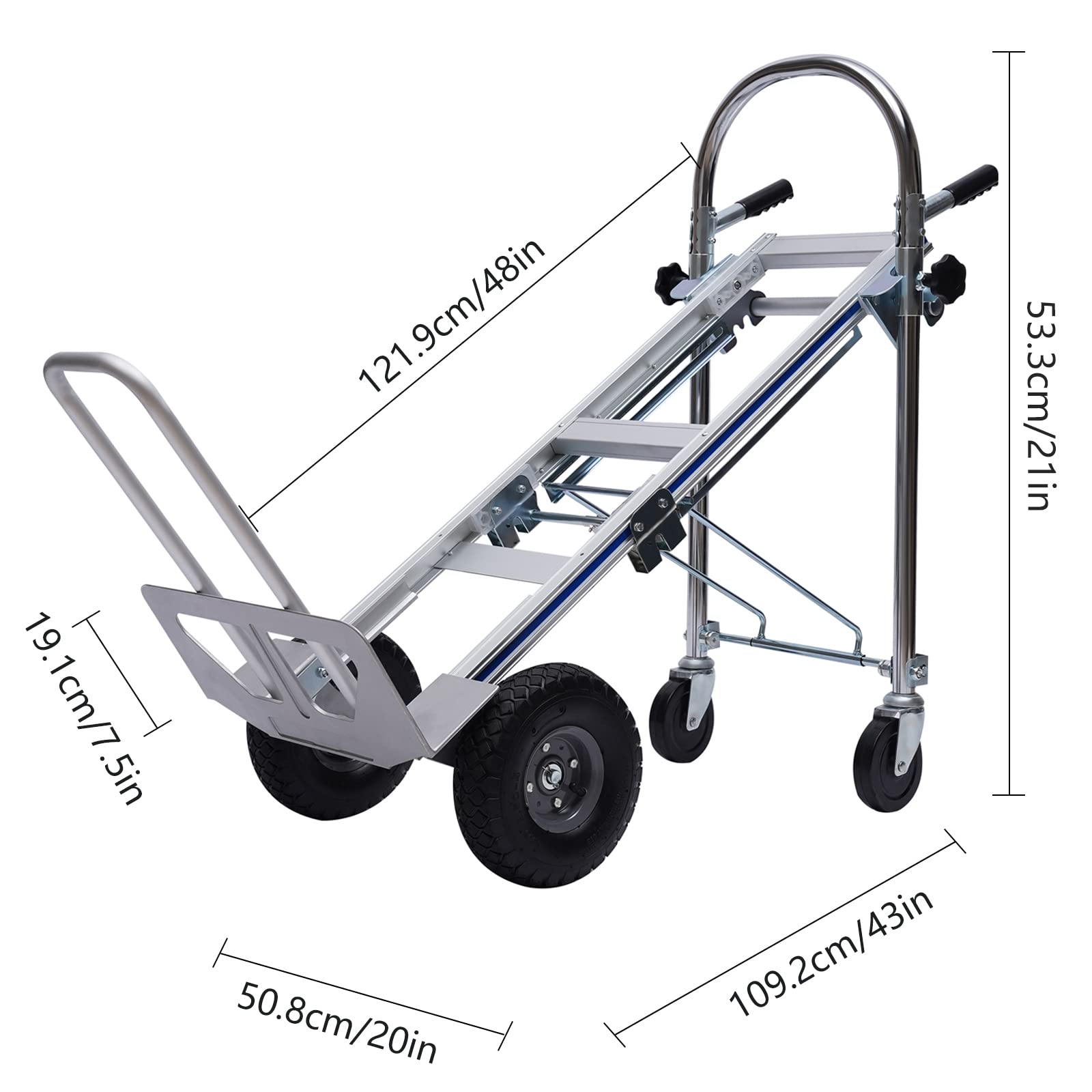 Eleeferri Industrial Aluminum Folding Hand Truck 3-in-1 700lbs Capacity Convertible Hand Truck Dolly Cart with Wheels for Home Warehouse Factory, Silver