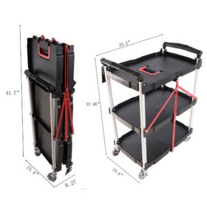 3 Tier Folding Rolling Utility Cart with Wheels, Multi-Functional Plastic Restaurant Cart, Portable Collapsible Utility Service Cart for Home, Warehouse