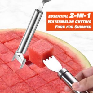 Generic 2PCS 2-in-1 Watermelon Fork, Watermelon Slicer Cutter, Stainless Steel Fruit Cutter Carving Tool for Home Party Family Camping, Portable Watermelon Fork Slicer Tool Fruit Forks Slicer, Silver