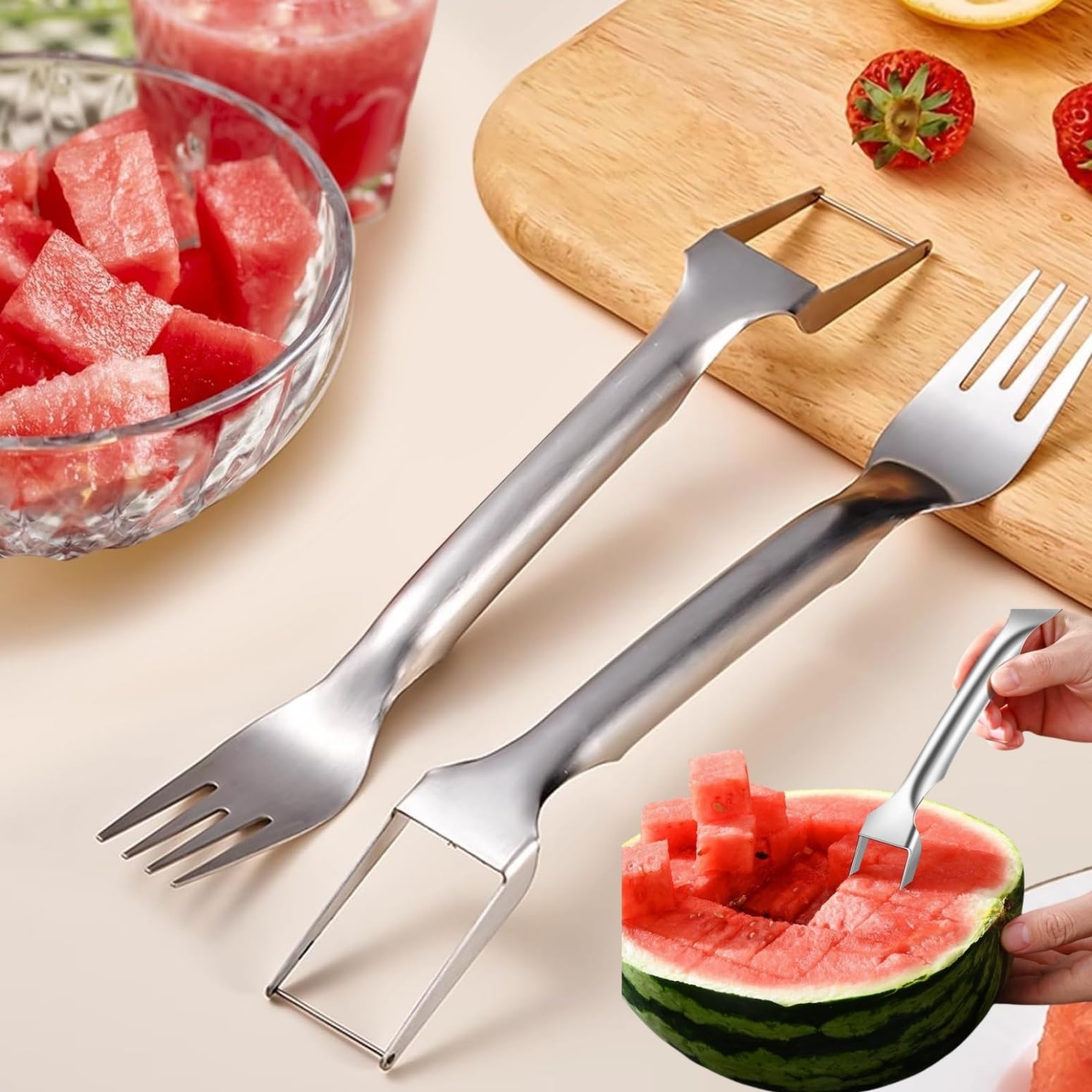 2-in-1 Stainless Steel Fruit Cutter, 2024 New Watermelon Fork Slicer Cutter Slicer Tool, Dual Head Fruit Forks Slicer Knife(1PCS)