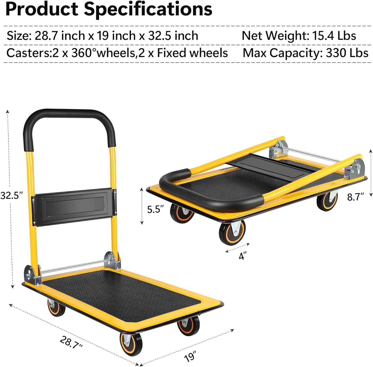 Platform Truck Platform Truck Load 330lb Folding Push Cart with 360 °Swivel Wheels Flat Handtruck Metal Moving Dolly Cart Heavy Flatbed Cart Reliable