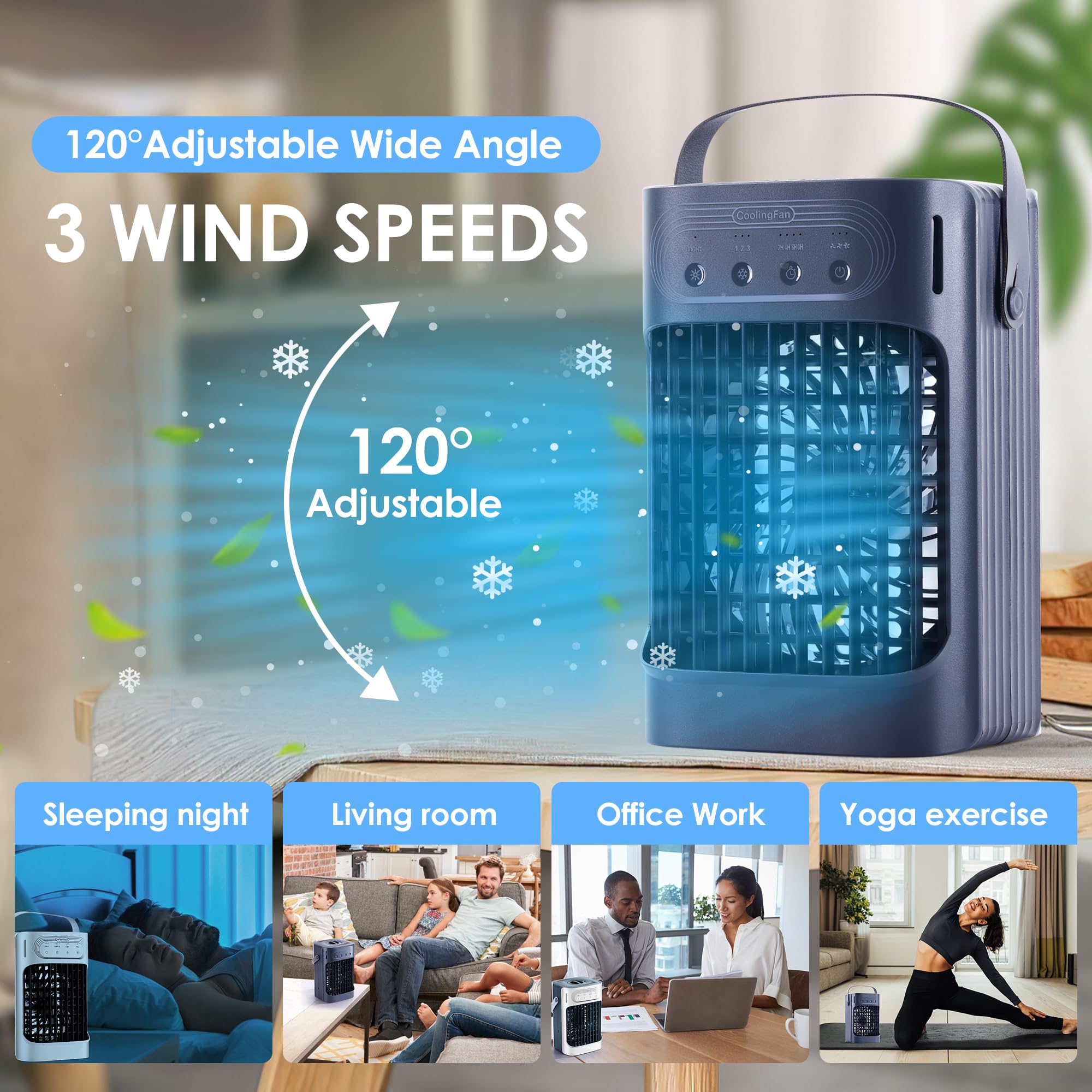 TAKSHO Portable Air Conditioner 3 Cold Wind Speeds-3 Mist Levels, 7 Color-Changing LED Lights - 10W & 32 oz Water Tank, USB-Powered Evaporative Air Cooler Unit with 2-8 Hour Timer, Portable air cooler