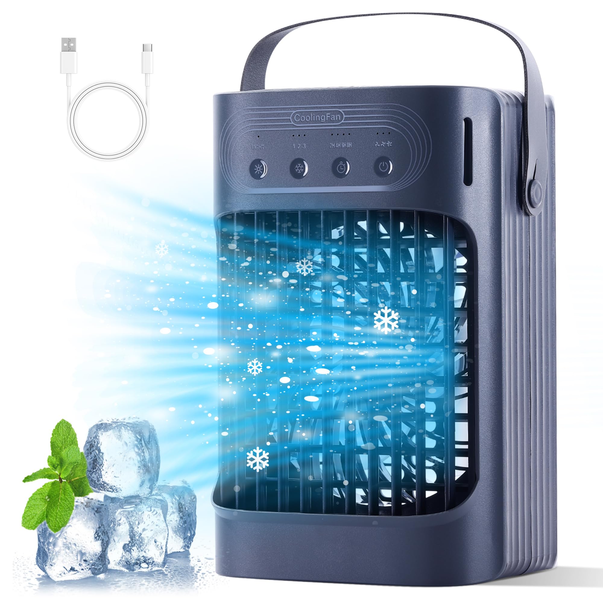 TAKSHO Portable Air Conditioner 3 Cold Wind Speeds-3 Mist Levels, 7 Color-Changing LED Lights - 10W & 32 oz Water Tank, USB-Powered Evaporative Air Cooler Unit with 2-8 Hour Timer, Portable air cooler