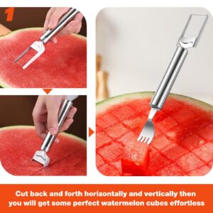 Generic 2PCS 2-in-1 Watermelon Fork, Watermelon Slicer Cutter, Stainless Steel Fruit Cutter Carving Tool for Home Party Family Camping, Portable Watermelon Fork Slicer Tool Fruit Forks Slicer, Silver