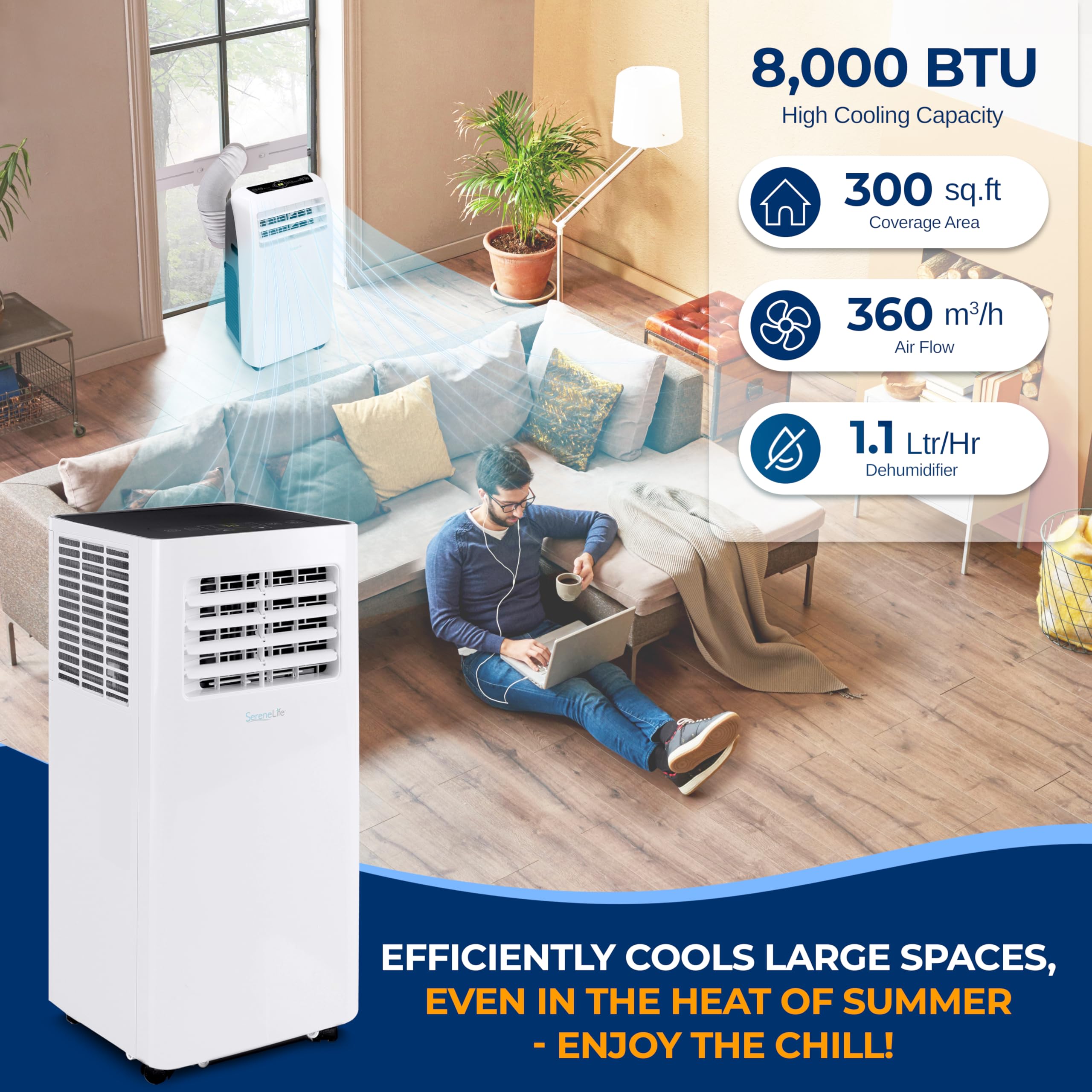 SereneLife SLPAC805W.6 Portable Air Conditioner-Compact Home A/C Cooling Unit with Built-in Dehumidifier & Fan Modes, Includes Window Mount Kit (8,000 BTU), White