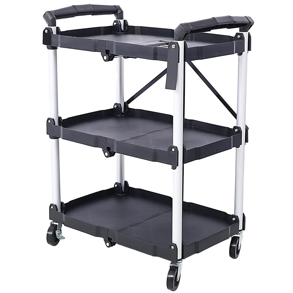 Yone jx je 3 Layers Folding Collapsible Service Cart Pack, Folding Collapsible Service Cart, 50 Lb, Load Capacity Per Shelf, Black