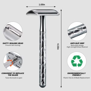 Kinghood Single Blade Safety Razor - Metal One Blade Razor for Men & Women with 10 Stainless Steel Double Edge Blades (Silver)