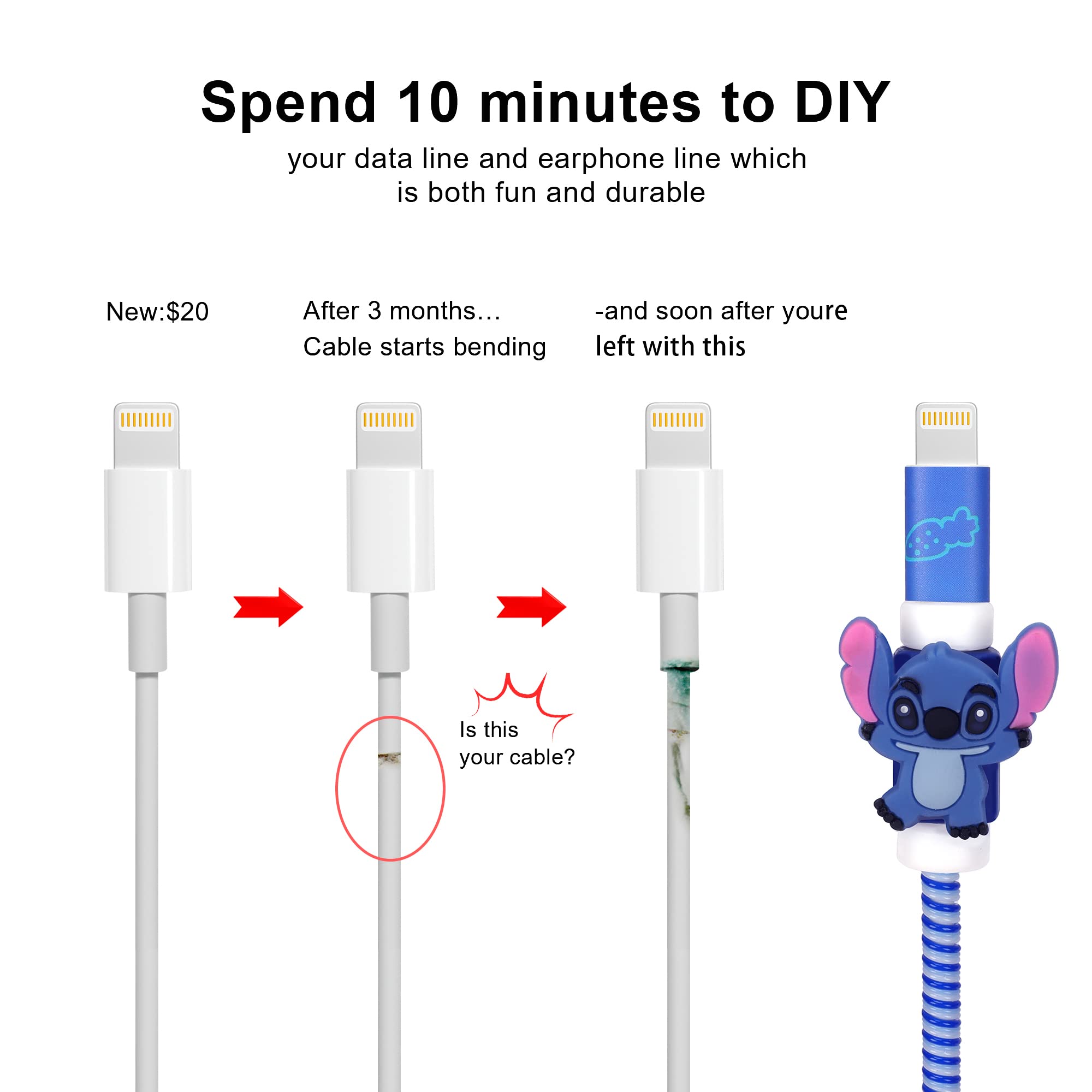 DIY Protector Stitch Set,Data Cable 20W USB Charger Data Line Earphone Cartoon Decoration Wire Saver Protector Compatible for iPhone 11 12 13 Plus Max Series (Stitch)