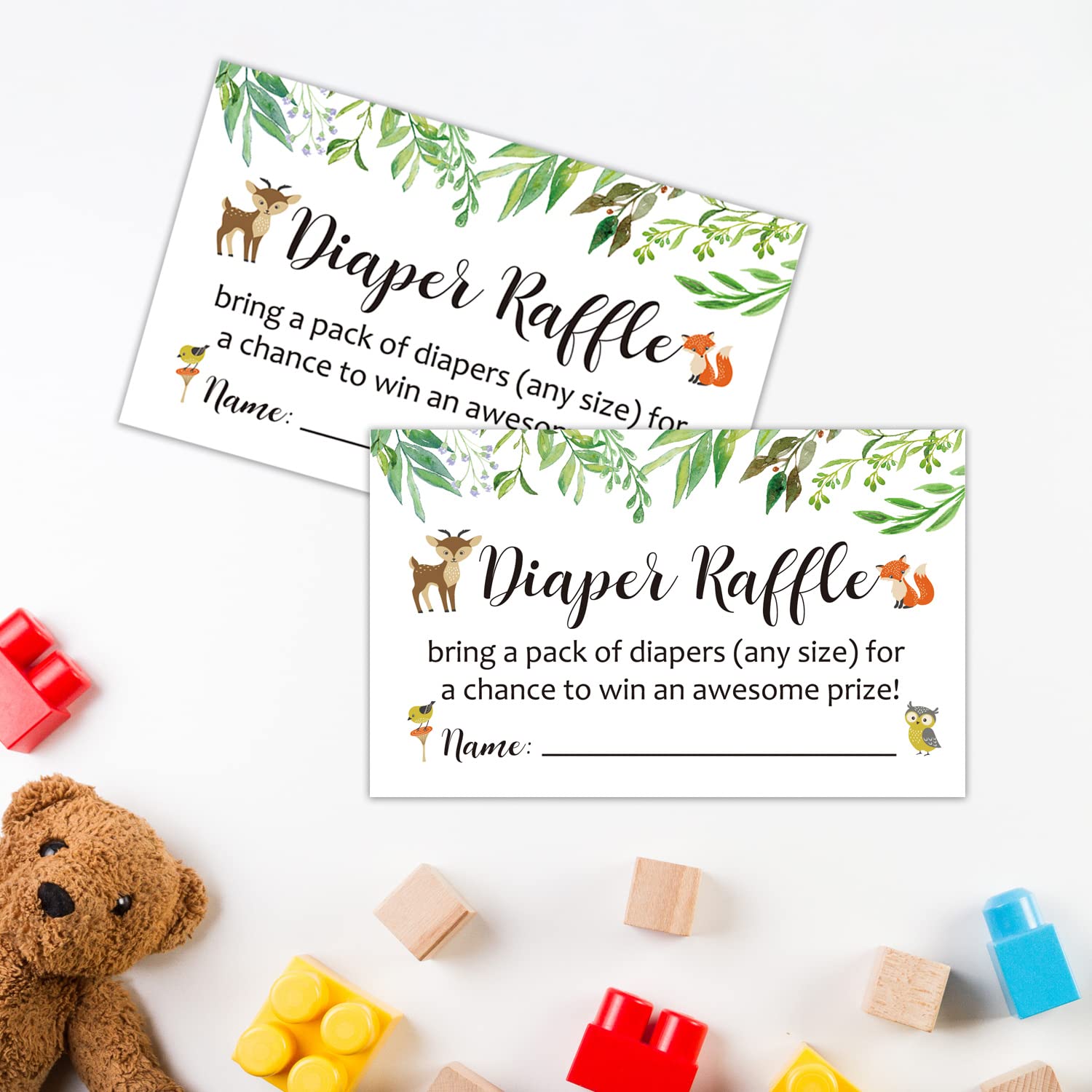 Diaper Raffle Tickets Woodland Baby Shower Game Invitations Insert for Boy Girl, Bring a Pack of Diapers to Win Favors, Lottery Insert Card, Green, 3.5" x 2", Pack of 50