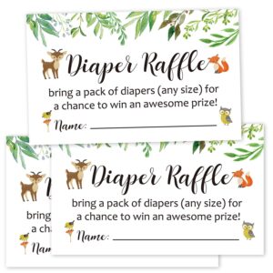 Diaper Raffle Tickets Woodland Baby Shower Game Invitations Insert for Boy Girl, Bring a Pack of Diapers to Win Favors, Lottery Insert Card, Green, 3.5" x 2", Pack of 50