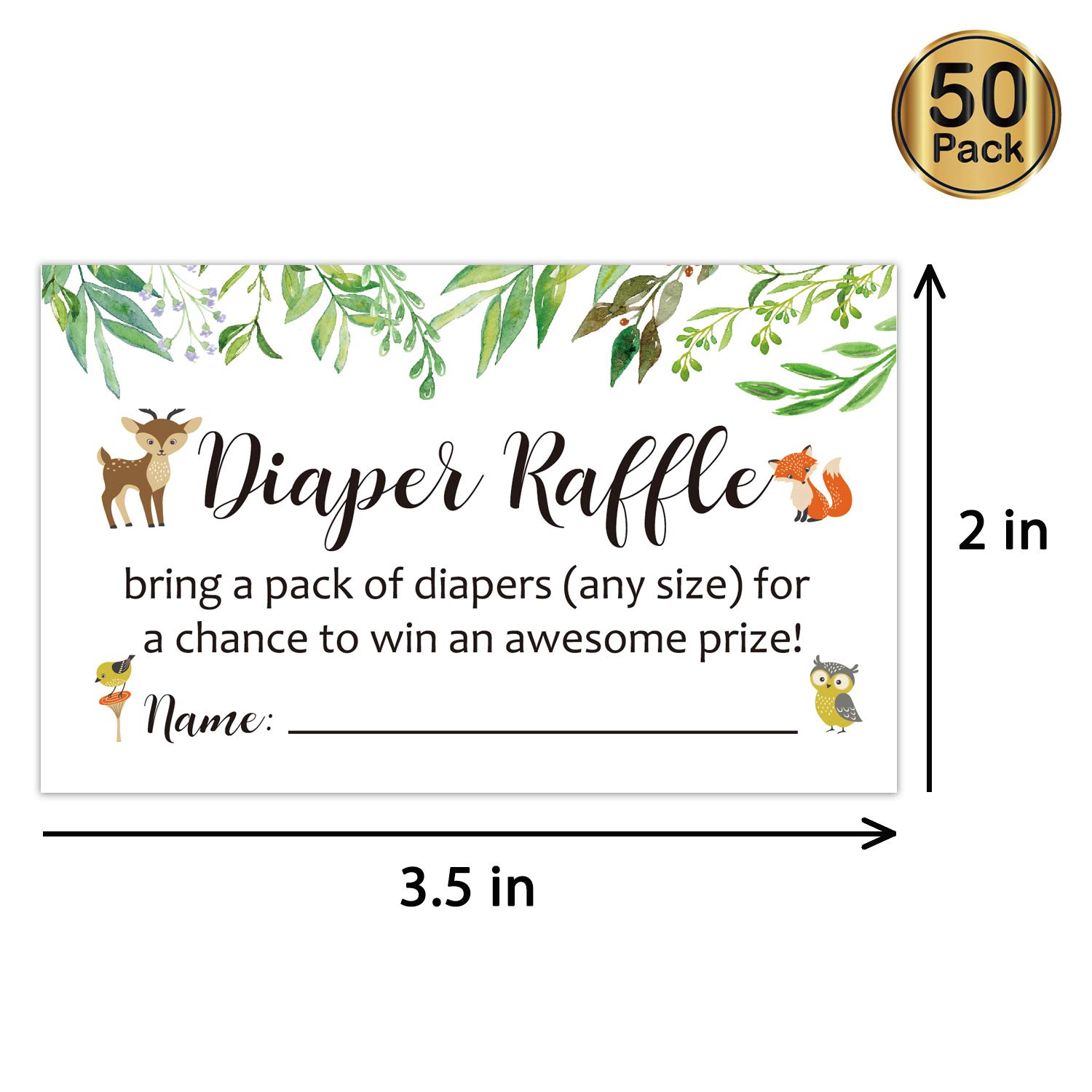 Diaper Raffle Tickets Woodland Baby Shower Game Invitations Insert for Boy Girl, Bring a Pack of Diapers to Win Favors, Lottery Insert Card, Green, 3.5" x 2", Pack of 50