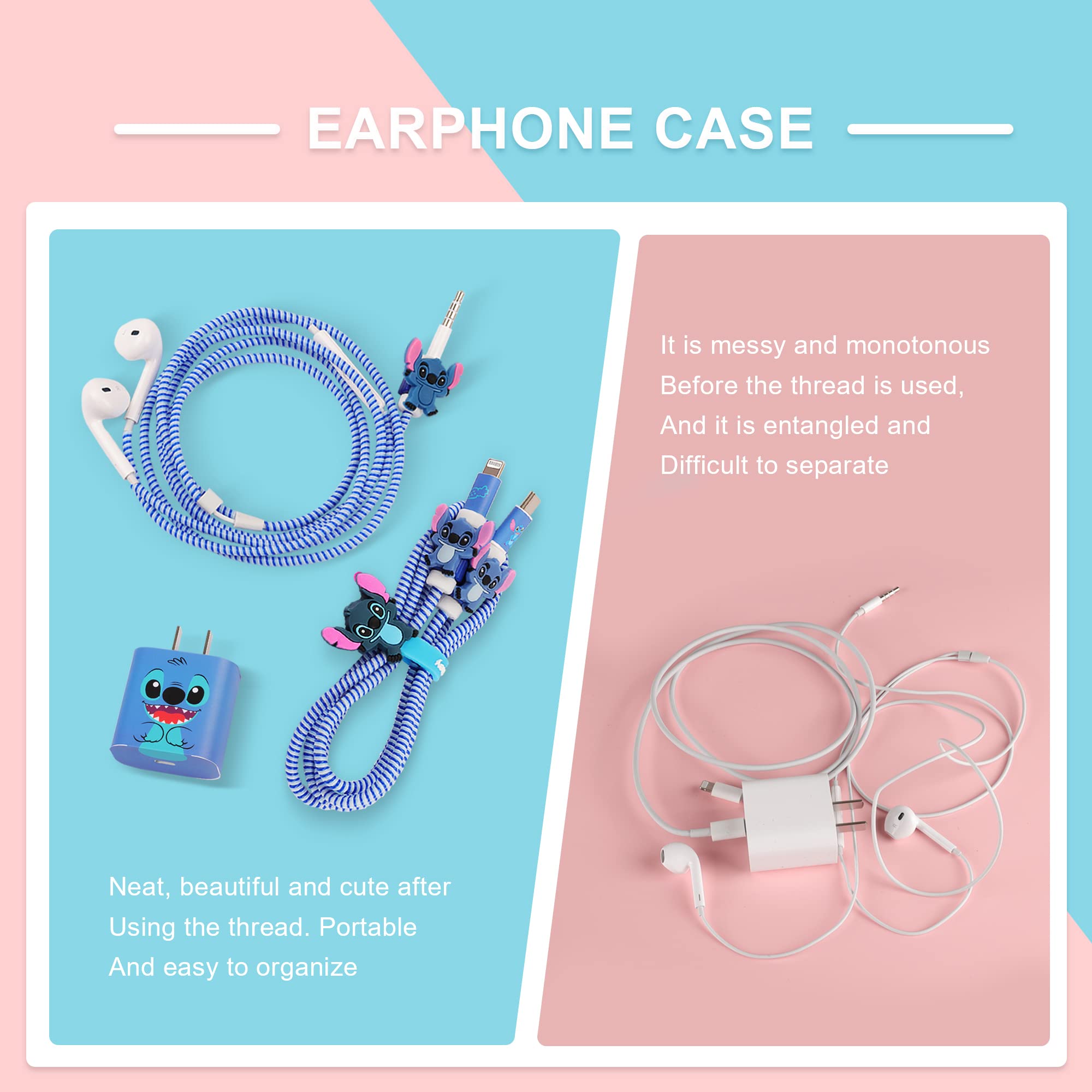 DIY Protector Stitch Set,Data Cable 20W USB Charger Data Line Earphone Cartoon Decoration Wire Saver Protector Compatible for iPhone 11 12 13 Plus Max Series (Stitch)