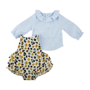 mud pie baby girl leopard bubble and shirt set, blue, 9-12 months