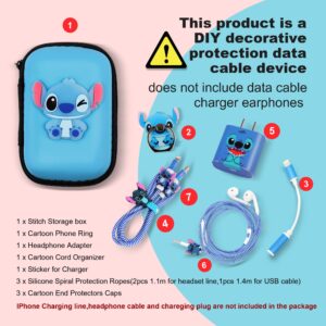 DIY Protector Stitch Set,Data Cable 20W USB Charger Data Line Earphone Cartoon Decoration Wire Saver Protector Compatible for iPhone 11 12 13 Plus Max Series (Stitch)