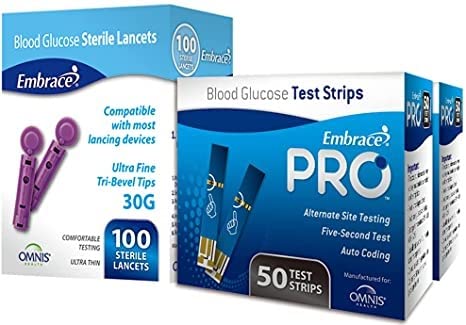 Embrace PRO Diabetes Testing Kit - Embrace PRO Blood Glucose Meter, 100 Blood Test Strips, 1 Lancing Device, 30 Gauge Lancets-100 Count and Carrying Case…