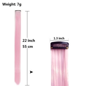 12 PCS Pink Hair Extensions Clip in 22 Inch Highlights Hair Extensions for Kids Girls Straight Hair Synthetic Hairpieces Halloween Cosplay Party Christmas New Year Gift