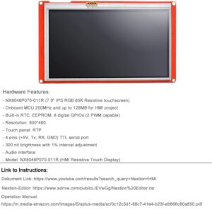 Ferwooh 7.0" NX8048P070 Nextion Intelligent HMI USART UART Serial TFT LCD Display Module Resistive Touch Screen Pannel Resistive LCD Touchscreen (NX8048P070-011R)