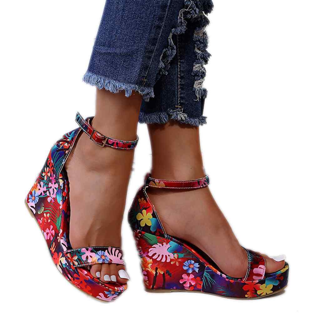 ZBYY Women's Platform Wedge Sandals Summer Floral Printed Slingback Platform Sandals Ankle Strap High Heels Sandals